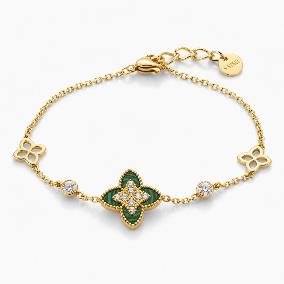 Bracelet doré chaîne fine avec motif trèfle émaillé vert et zircons